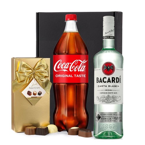 Bacardi Carta Blanca Rum 70cl with Coca-Cola & Chocolates Gift Box | Spirit Mixer Set